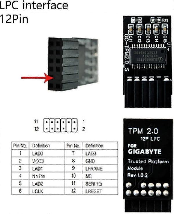 12Pin TPM 2.0 Krypteringsmodul Kompatibel med LPC SPI Moderkort