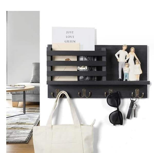 Key Holder for Wall with Shelf has Large Hooks brown