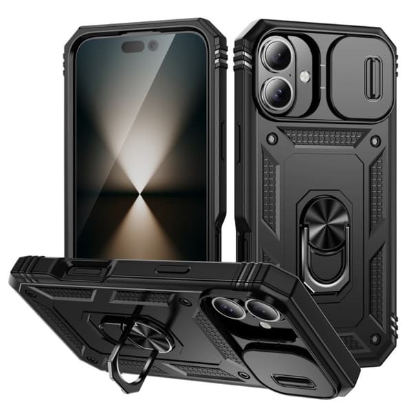 iPhone 16 Hybridcover med Ringholder og Kamerabeskyttelse - Sort