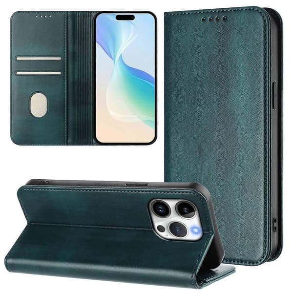 Til iPhone 16 Pro Max Pungetuier Retro Tekstur RFID Blokerende Læder Telefoncover Multicolor Dark Green