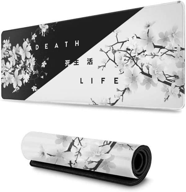 Svart og hvit japansk kirsebær gaming musematte, stor utvidet musematte, sydd kant musematte, lang C-base musematte