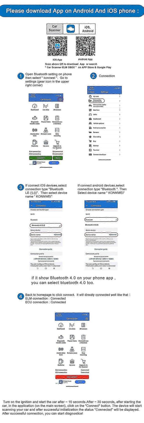 KW902 Bluetooth 3.0 oppgradering 4.0 5.0 bilfeilskanner dual mode støtter Android og IOS