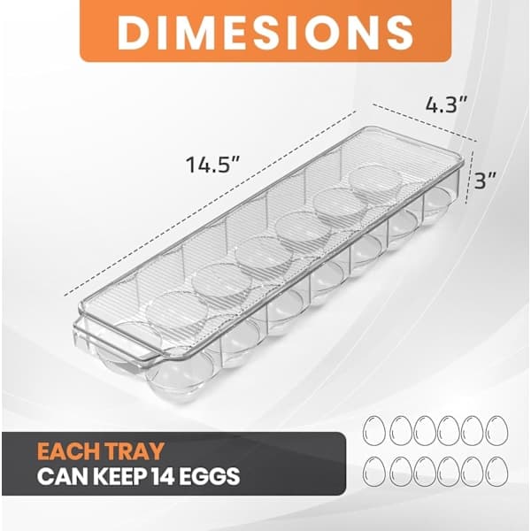 【14y】Egg Storage Container for Refrigerator, 14-Egg Tray with Lid and Handle, Clear, 2-Pack