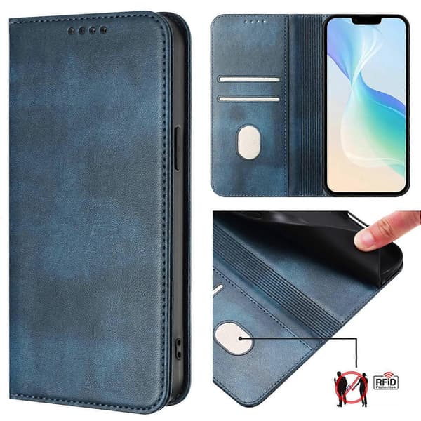 Til iPhone 16 Pro Max Pungetuier Retro Tekstur RFID Blokerende Læder Telefoncover Multicolor Blue