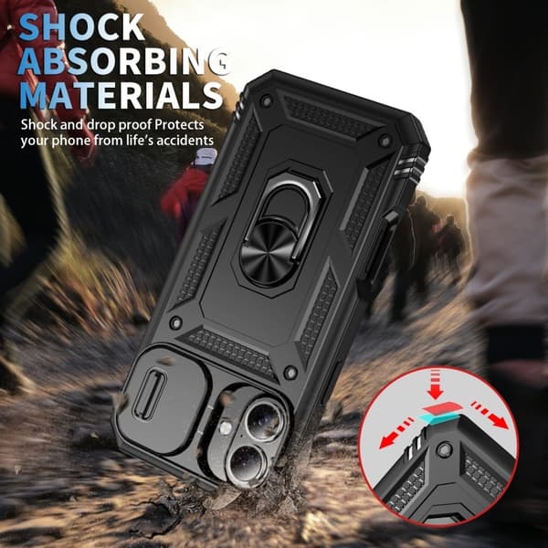 iPhone 16 Hybridcover med Ringholder og Kamerabeskyttelse - Sort