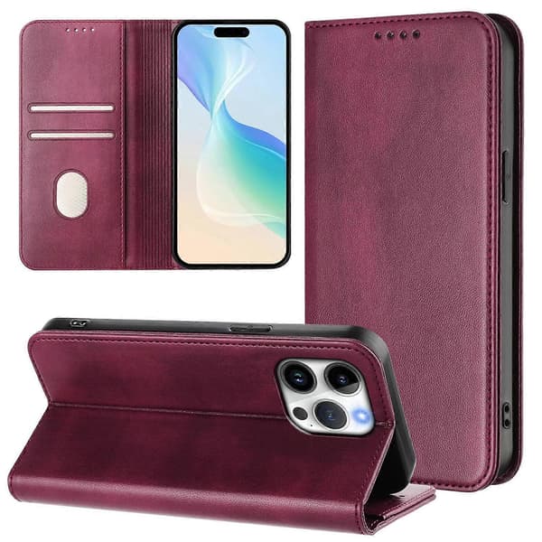 Til iPhone 16 Pro Max Pungetuier Retro Tekstur RFID Blokerende Læder Telefoncover Multicolor Wine Red