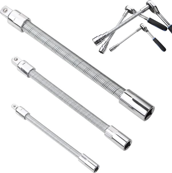Socket Extension Set, 1/4, 3/8, 1/2 Inch Drive Head, Bendable Flexible, 3-Piece
