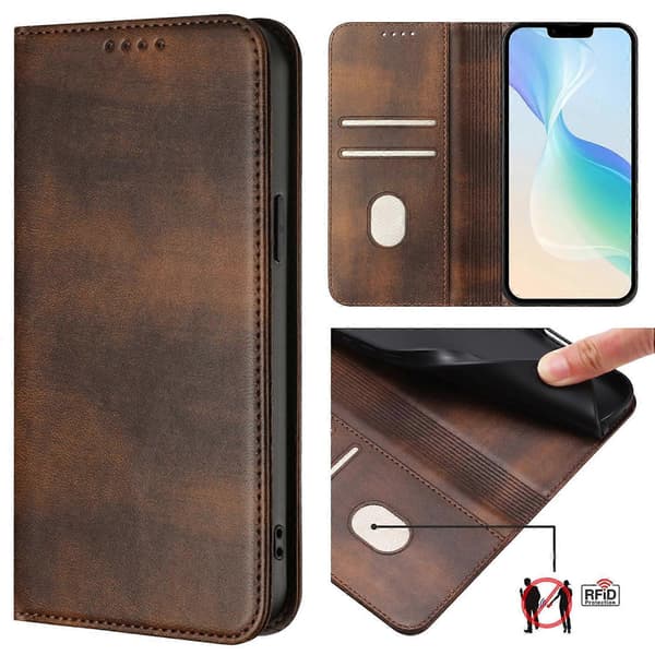 Til iPhone 16 Pro Max Pungetuier Retro Tekstur RFID Blokerende Læder Telefoncover Multicolor Brown