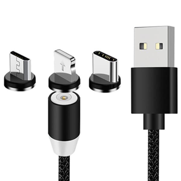 Magnetisk 3-i-1 ladekabel USB/Micro/Type-C/Lightning 1m svart black