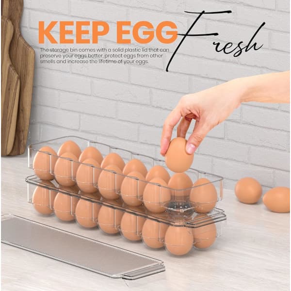 【14y】Egg Storage Container for Refrigerator, 14-Egg Tray with Lid and Handle, Clear, 2-Pack