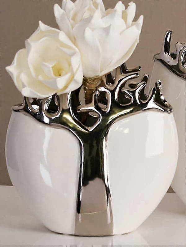 Vit silver oval keramisk vas med metallträd 21x9 cm för vardagsrum