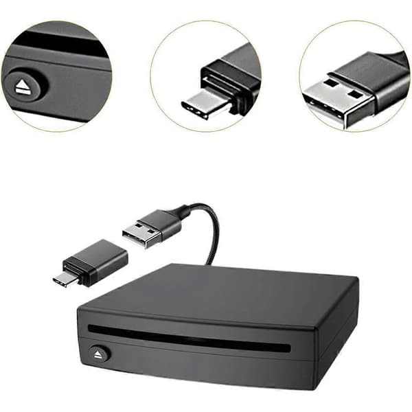 CD-afspiller til bil, ekstern bærbar bil-CD-afspiller med USB, Plug & Play, der tilsluttes bærbar computer, stationær computer, tv Black