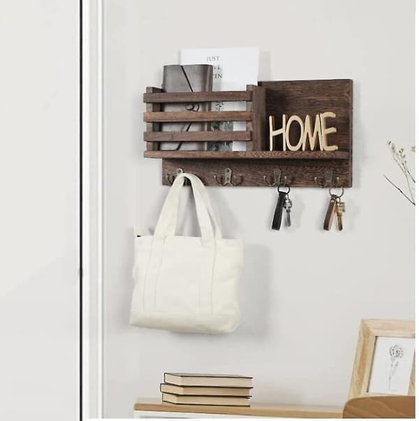 Key Holder for Wall with Shelf has Large Hooks brown