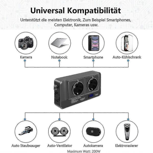 12V til 220V Bilomformer 200W med Smart LCD-skjerm 2 Uttak 4 USB-ladere Black