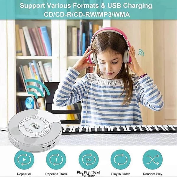 Bärbar CD-spelare, dubbel Bluetooth-modell, USB-spelare, dubbla stereohögtalare, A-B-upprepning, AUX, uppspelningshastighetskontroll vit White