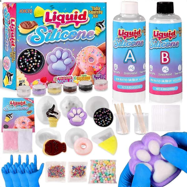 Børns DIY Squishy Håndværkssæt - 18 oz AB Flydende Silikone, 6 Genanvendelige Forme til Blød Langsom Stigende Kreation