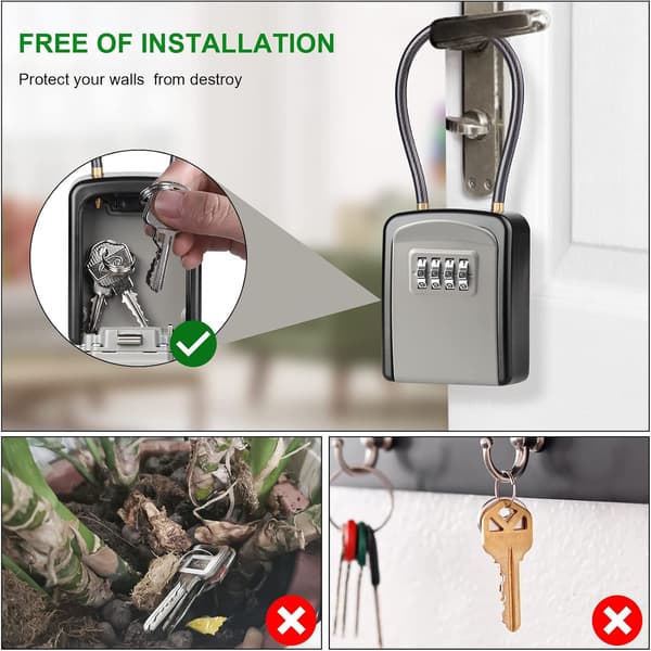 Key Safe, [Weatherproof] Portable Outdoor Key Box with Removable Wire Rope Hanger, Hangable Combination Key Safe Wall Mounted (Grey) Gray