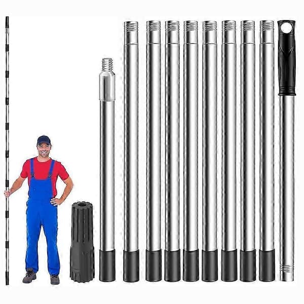 Färgroller förlängningsstång 3,6 m, 10-segmenterad teleskopstång i rostfritt stål, förlängningsstång med konisk adapter