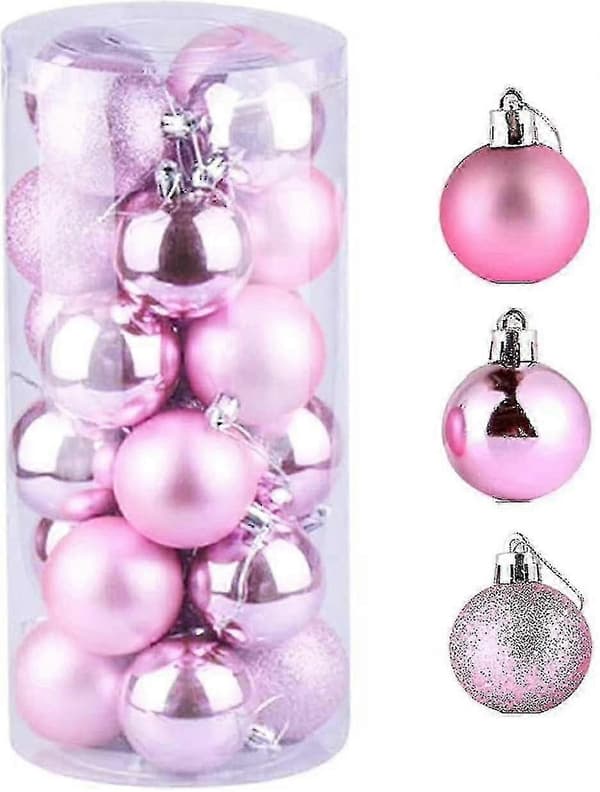 24 lyserøde julekugler, matte, glitter juletræer