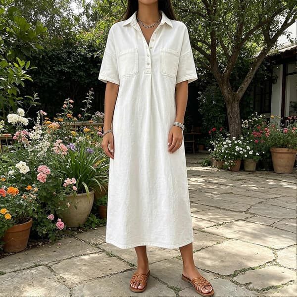 Denim Long Dress – Washed & Comfortable – for Women Summer – Button Closure & A-line Light Blue Light Blue M