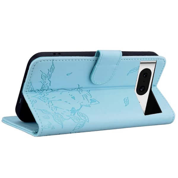 Til Google Pixel 8 Taske Tegnebog Kat Mønster Præget Læder Telefon Cover Multicolor Sky Blue