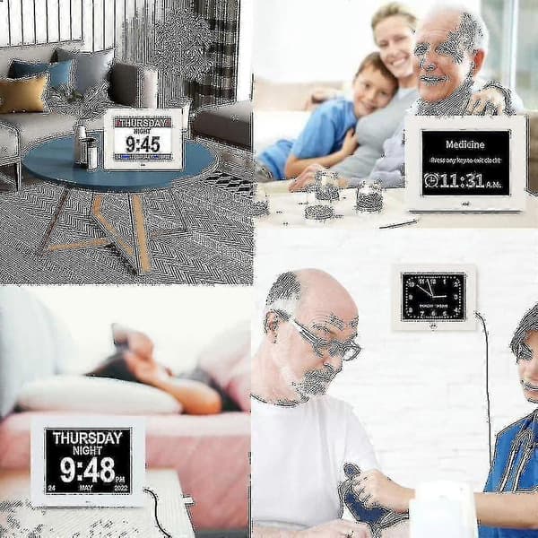 Demensklokke med tydelig dag, dato og tidsvisning for eldre
