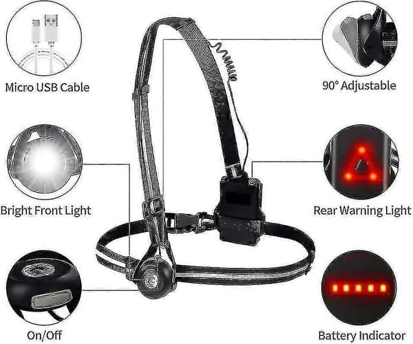 Brystlys for løping, USB oppladbart LED-brystlys, 500 lumen, 90 justerbar strålevinkel