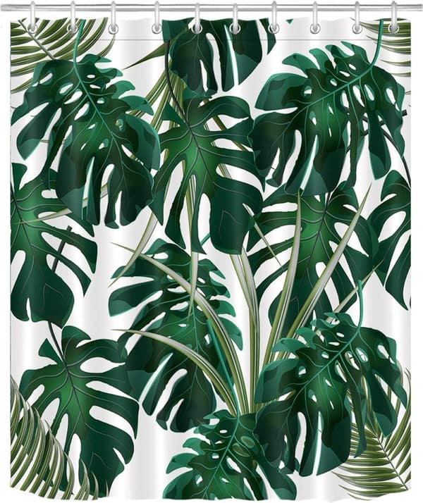 Duschdraperi med gröna blad Monstera tropisk växt