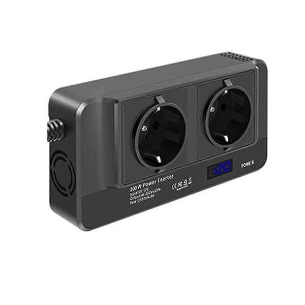 12V til 220V Bilomformer 200W med Smart LCD-skjerm 2 Uttak 4 USB-ladere Black
