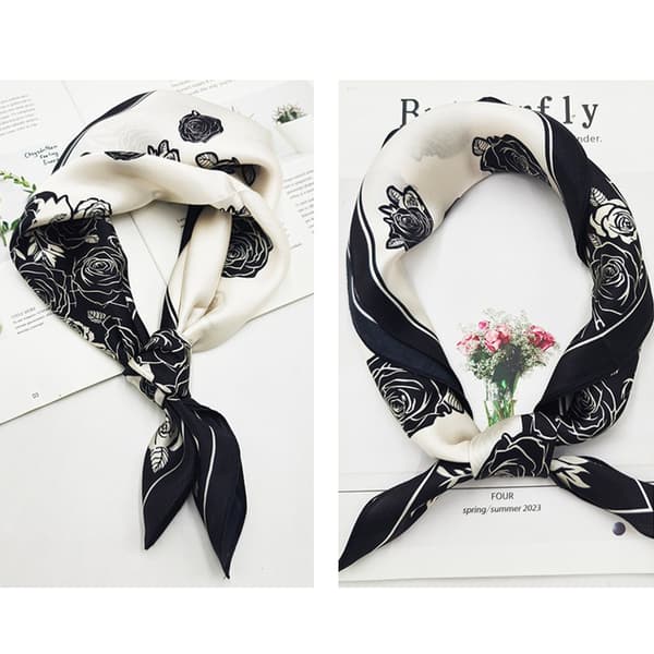 [14] Elegant square silk scarf - black and white rose design