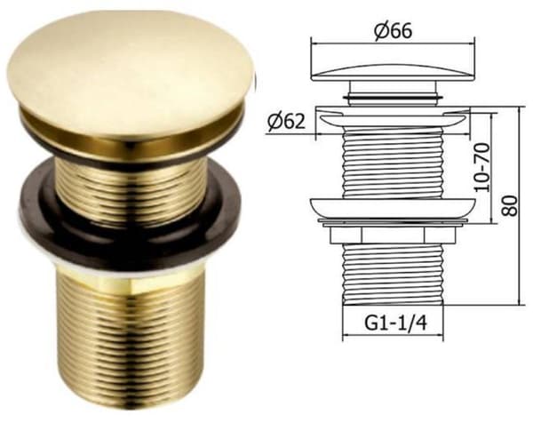 Replacement Basin Plug, Domed Clicker, Brushed Brass, Round, Standard Connection, G 1 1/4\" BSP, 1 pc.