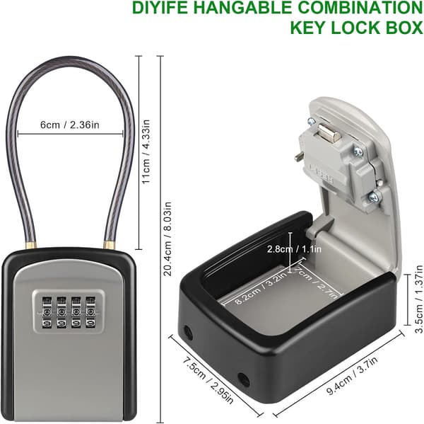 Key Safe, [Weatherproof] Portable Outdoor Key Box with Removable Wire Rope Hanger, Hangable Combination Key Safe Wall Mounted (Grey) Gray