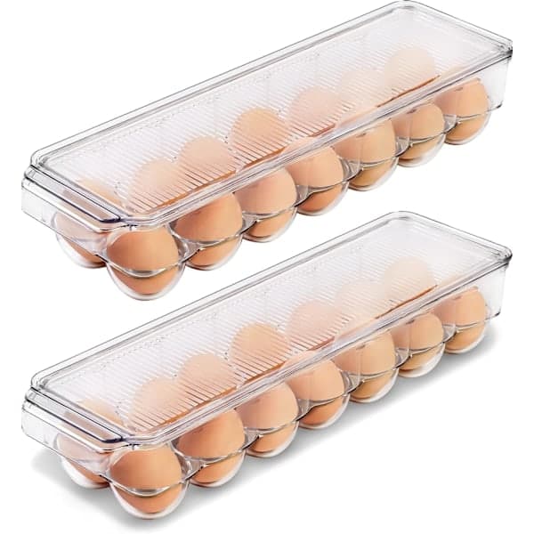 【14y】Egg Storage Container for Refrigerator, 14-Egg Tray with Lid and Handle, Clear, 2-Pack