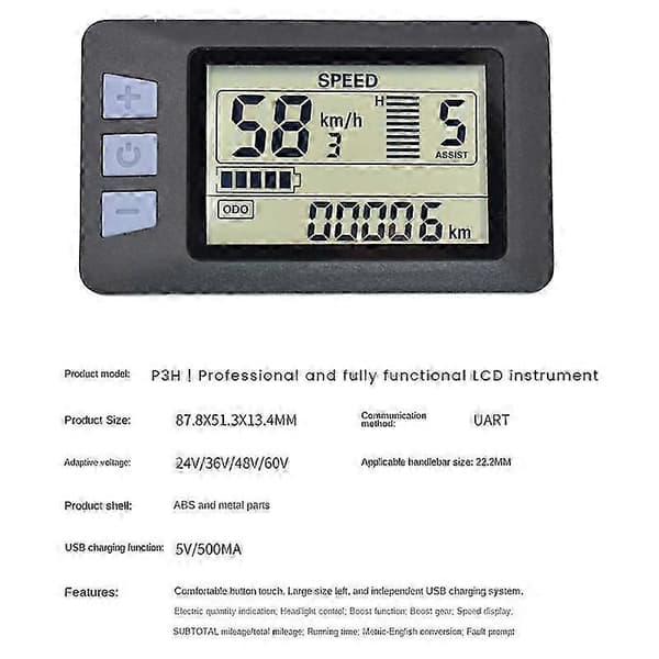 P3H LCD Display Måler Dashboard 24V 36V 48V 60V til El-cykel Scooter