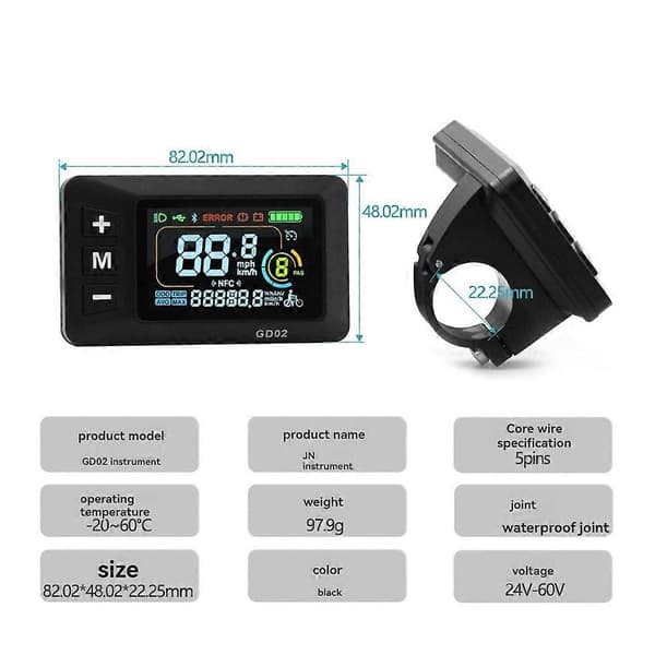 LCD-GD02 Elcykel LCD-display Mätare Instrumentpanel Displaypanel 24V 36V 48V 52V 60V för Elcykel Black