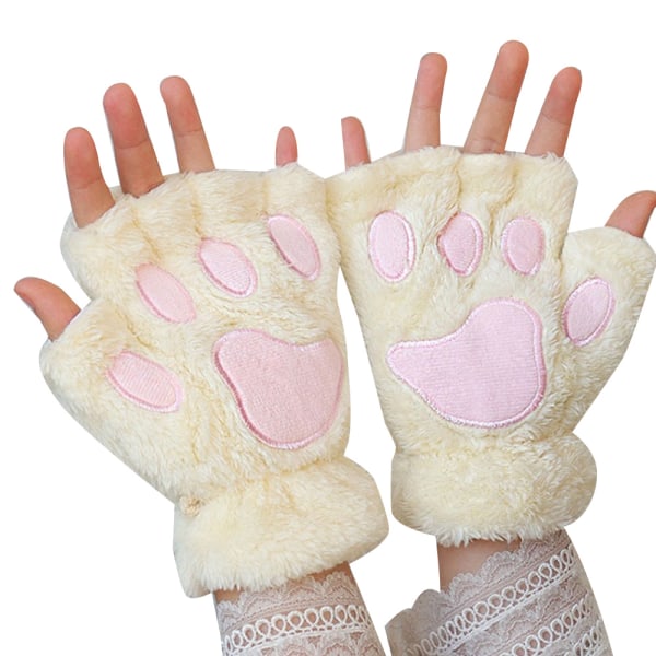 Cat Paw Gloves Fingerless Fuzzy Plush Gloves White