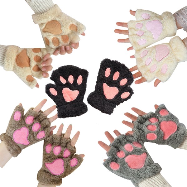 Cat Paw Gloves Fingerless Fuzzy Plush Gloves White
