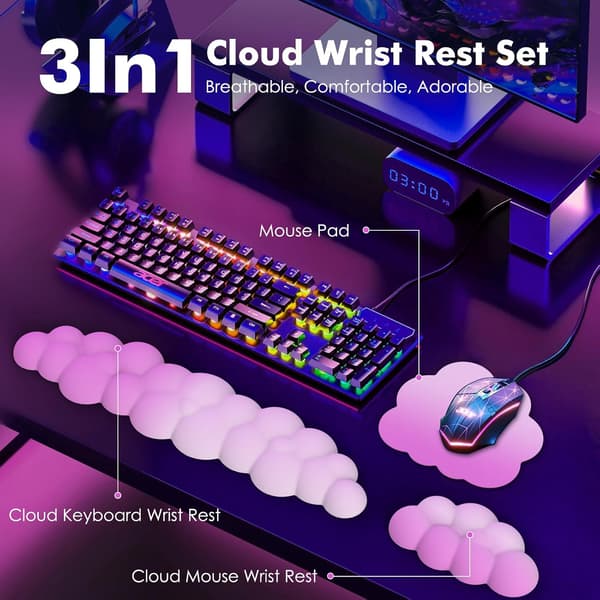 Cloud-handledstöd för tangentbord med musmatta och handledsstöd, hållbar polyester, rosaröd