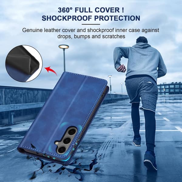 Læder-flipcover til smartphone med kortholder, stativ og magnetisk lukning, blå