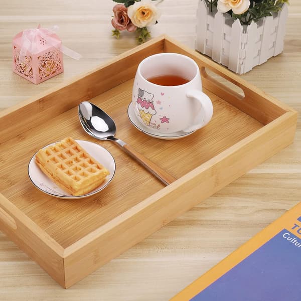 Bambusbakke, rektangulær madbakke, velegnet til servering af mad, middag og morgenmad; rustik stil, 35 x 22 x 4 cm
