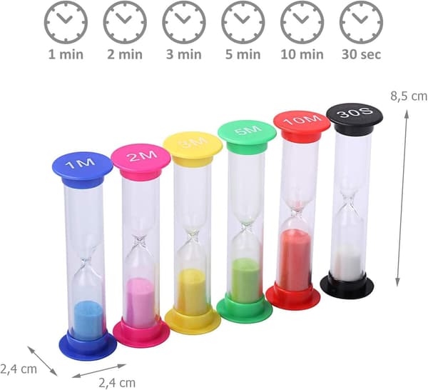 Timeglass med 30 sekunder, 1 minutt, 2 minutter, 3 minutter, 5 minutter og 10 minutter, 6 sandur