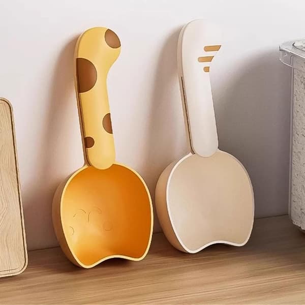 Dobbeltfunktion Katte Design Køkkenske med Poseklemme Bærbare Madskovle til Nem Kæledyrsfoder og Risskovling, gul