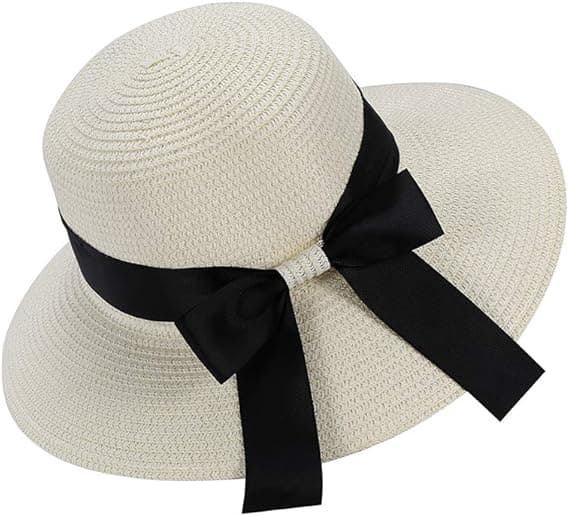 Dame Solhat Floppy Foldbar Sløjfe Stråhat Sommer Strandhat UV Beskyttelse UPF50 (Off-white)