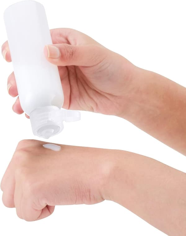 100 ml flip-top flaskor, 5-pack, påfyllningsbara kosmetiska reseflaskor, vit kork med transparent lock, transparenta doseringsflaskor White