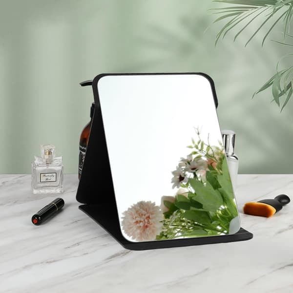 Makeupspejl, bærbart foldespejl, desktop ultra-high definition multi-vinkel foldbart PU, foldbart, 26 x 18 cm, sort black