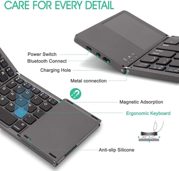 Foldbart Bluetooth Tastatur, Lommeformat Bærbar Mini BT Trådløst Tastatur med Touchpad til Android, Windows, PC, Tablet