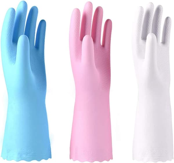 Set med 3 återanvändbara, latexfria städhandskar - diskhandskar med bomullsfoder och våffelmönstrade handflator