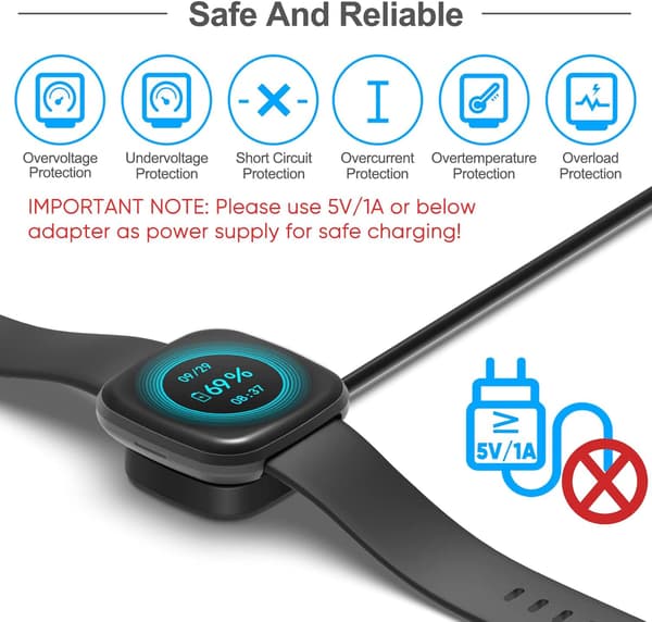 2-pack laddningskablar kompatibla med Fitbit Sense/Sense 2 och Versa 4/Versa 3 smartklockor (1/0 m)