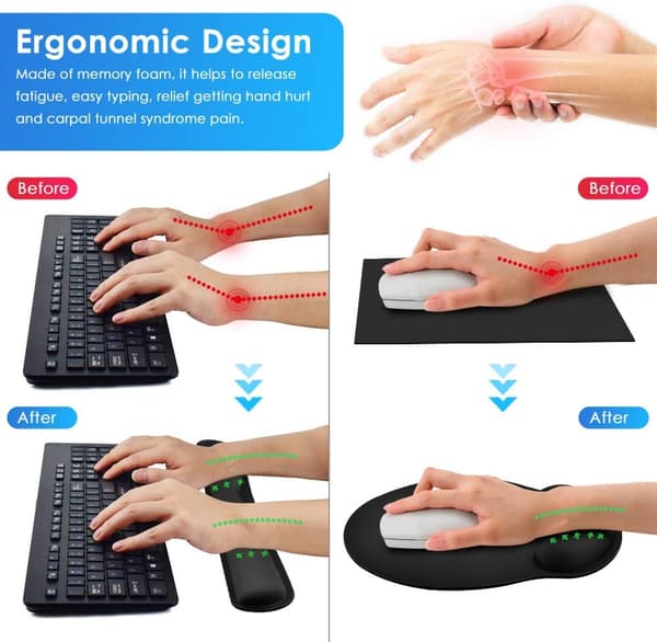 Musemåtte, Ergonomisk musemåtte + tastatur håndledsstøtte sæt til computer/laptop, skridsikker gummibase memory foam håndledsstøtte sæt