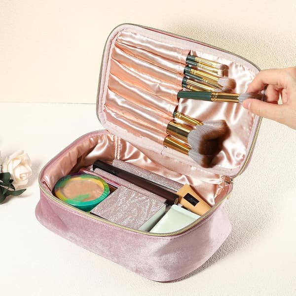 Fløjl makeup taske, multifunktionel kosmetiktaske til kvinder, pink